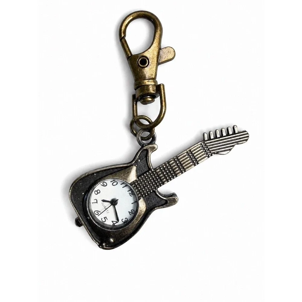 Novelty Guitar Quartz Watch Keychain Bronze Tone Musician Gift Not Working